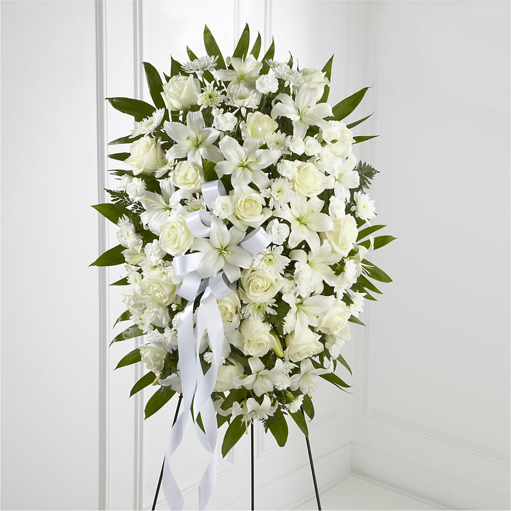 Exquisite Tribute Standing Spray-White Ribbon – Althoff Floral, Cannon Falls MN