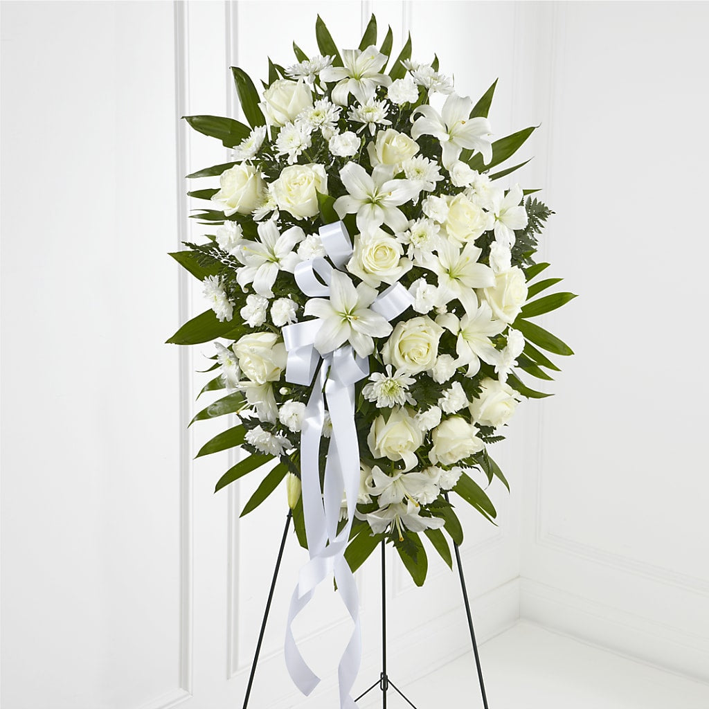 Exquisite Tribute Standing Spray-White Ribbon – Althoff Floral, Cannon Falls MN